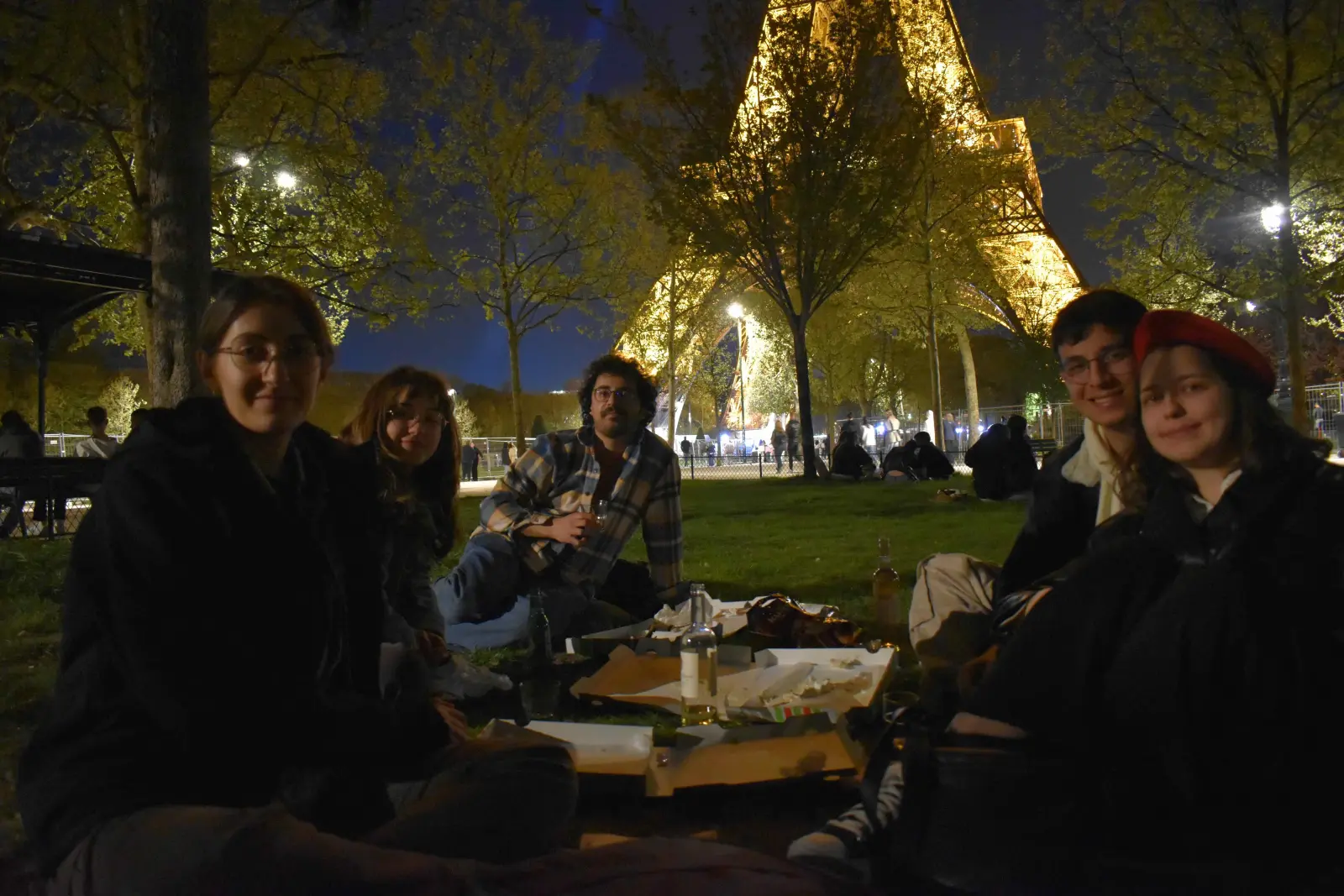 Wine and pizza picnic near the Eiffel Tower